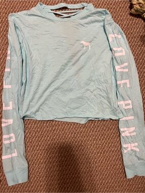 Girls XS PINK Victoria's Secret Light Aqua Tee with White Logo